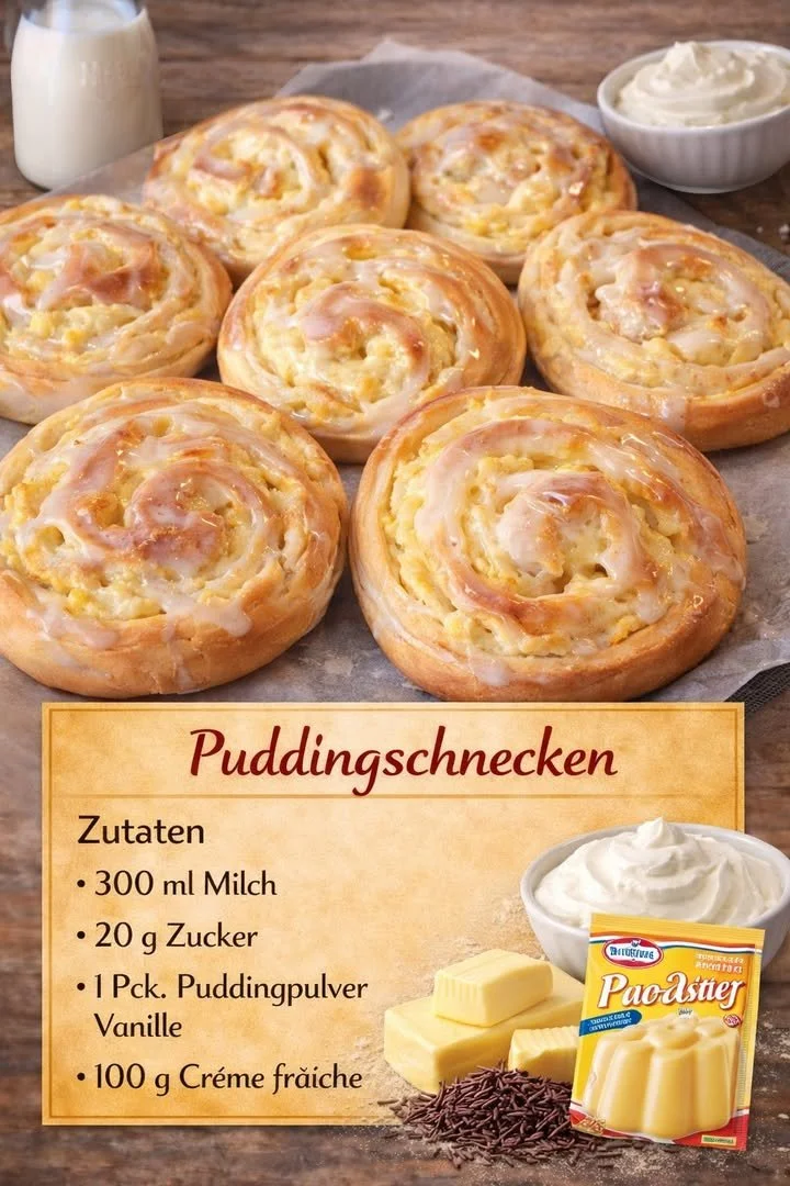 Frisch gebackene Puddingschnecken auf einem Teller dekoriert mit Puderzucker