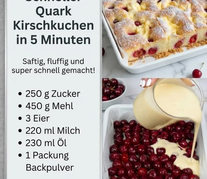 Quark-Kirschkuchen auf einem Teller mit Kirschen und Sahne