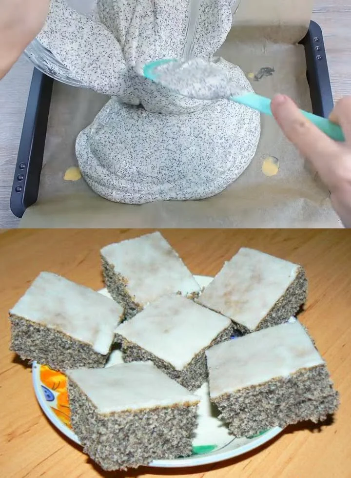 Leckerer Quark-Mohn-Kuchen auf einem Tisch serviert
