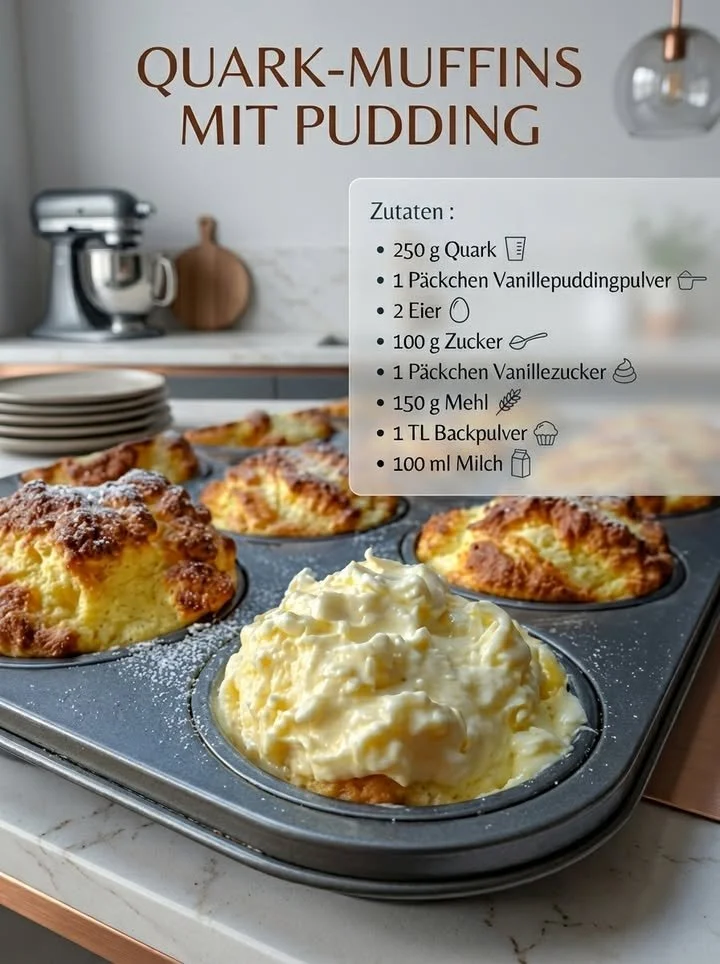 Leckere Quark-Muffins mit Pudding auf einem Blech