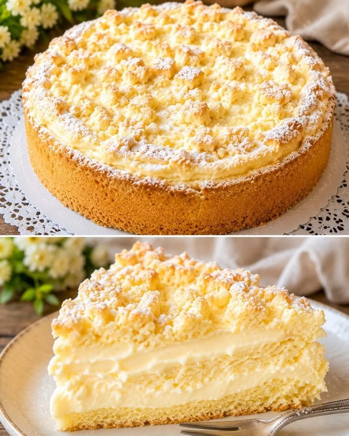 Leckerer Quark Puddingkuchen mit frischem Obst und Sahne