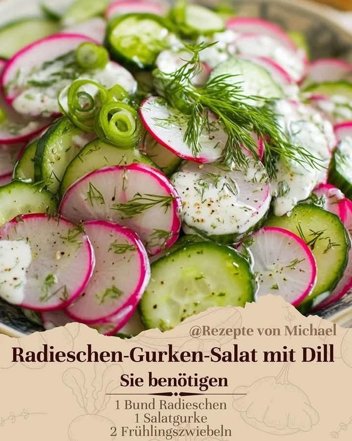 Radieschen-Gurken-Salat mit Dill auf einem Teller
