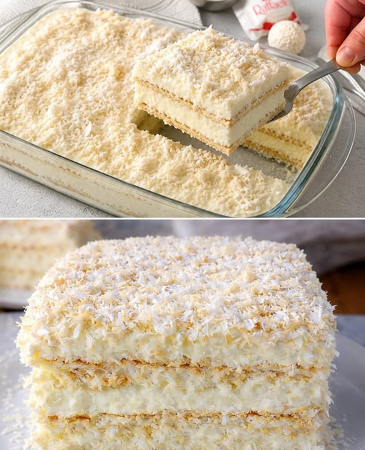 Eine leckere Raffaello Torte ohne Backen auf einem Teller