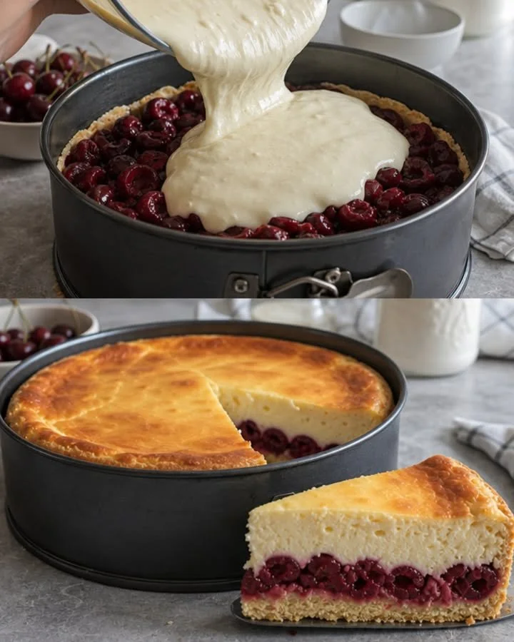 Rahmkuchen mit Kirschen auf einem Teller, frisch gebacken und verziert
