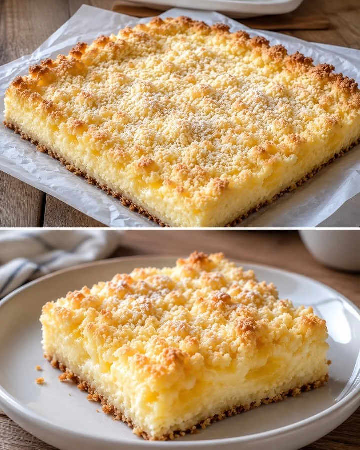 Ratz Fatz Kuchen vom Blech auf einem Tisch, bereit zum Servieren.