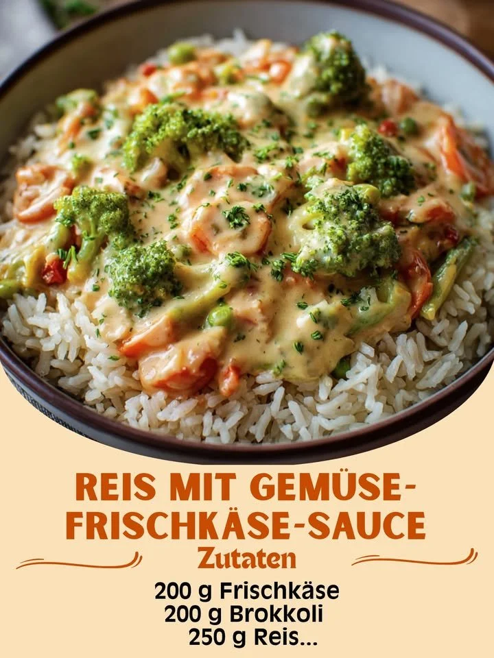 Schüssel mit Reis und Gemüse-Frischkäse-Sauce