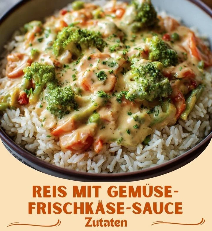 Reis mit leckere Gemüse-Frischkäse-Sauce serviert