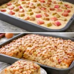 Saftiger Rhabarber Buttermilch Kuchen auf einem Teller serviert