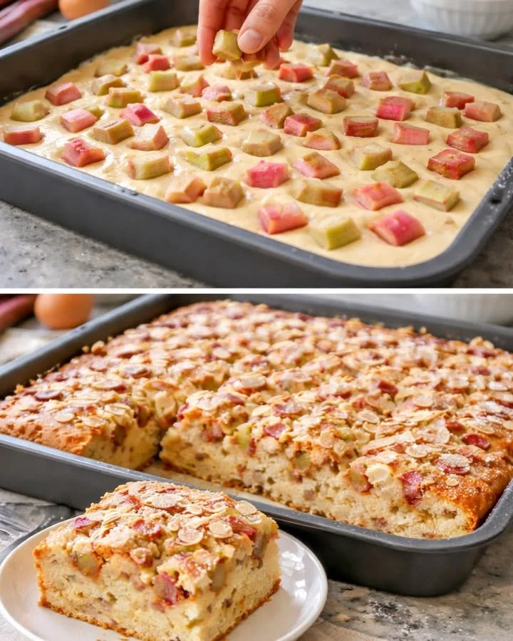 Saftiger Rhabarber Buttermilch Kuchen auf einem Teller serviert