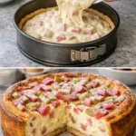 Leckerer Rhabarber Käsekuchen auf einem Teller, ideal für Frühlingsdesserts.