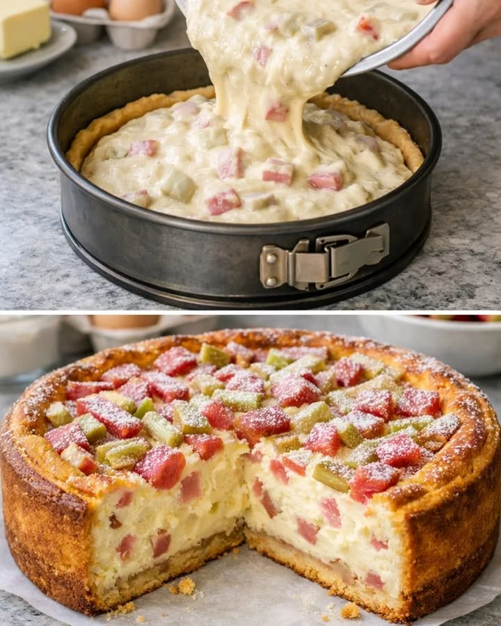 Leckerer Rhabarber Käsekuchen auf einem Teller, ideal für Frühlingsdesserts.