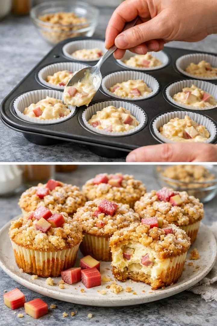 Rhabarber Käsekuchen Muffins mit Streuseln frisch gebacken auf einem Tisch