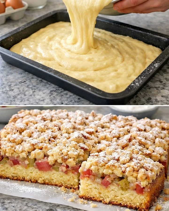 Leckerer Rhabarber Streuselkuchen mit Streuseln auf Teller