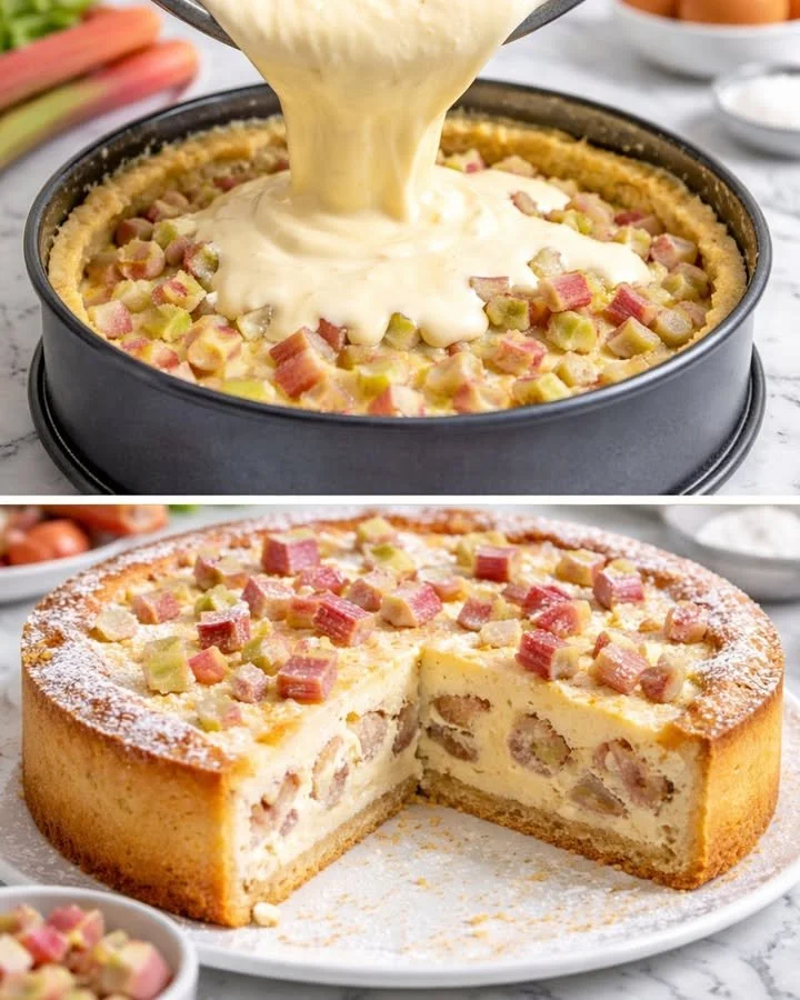 Leckerer Rhabarberkuchen mit Schmand auf einem Teller.