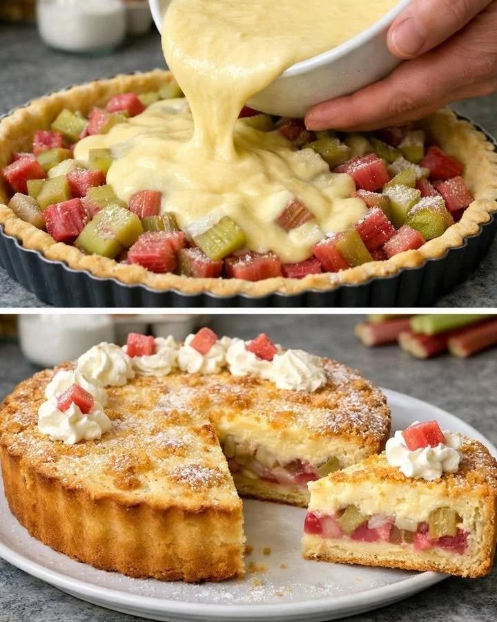 Rhabarberkuchen mit Schmandguss auf einem Teller serviert