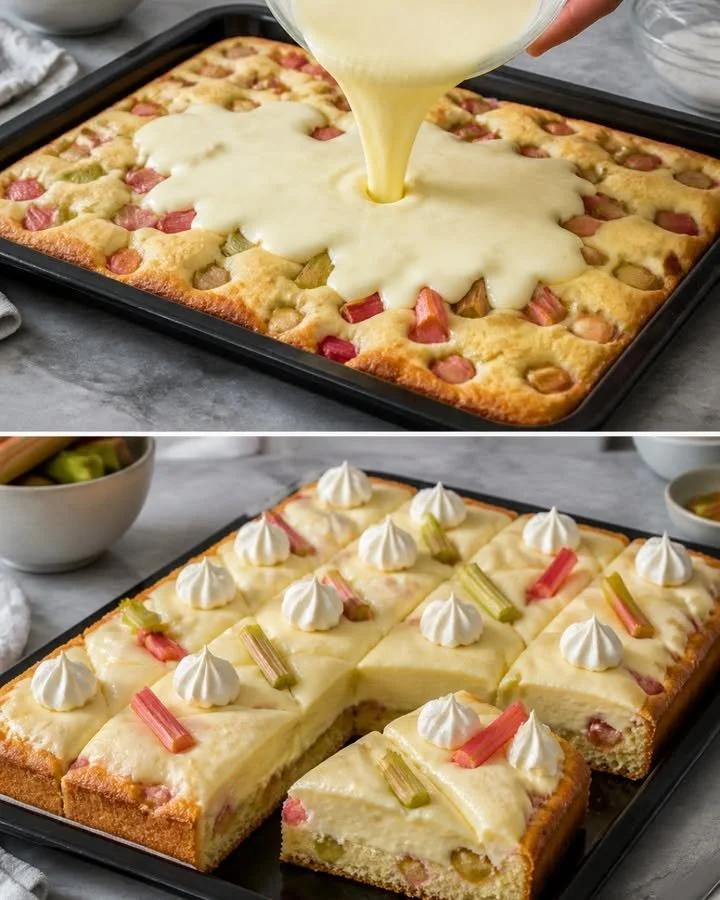 Rhabarberkuchen mit Schmandguss auf einem weißen Teller angerichtet