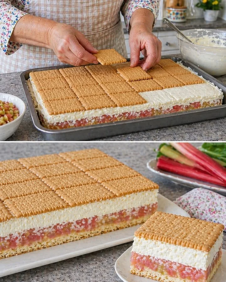 No-Bake Rhubarb Butter Cookie Scheiben auf einem Teller präsentiert