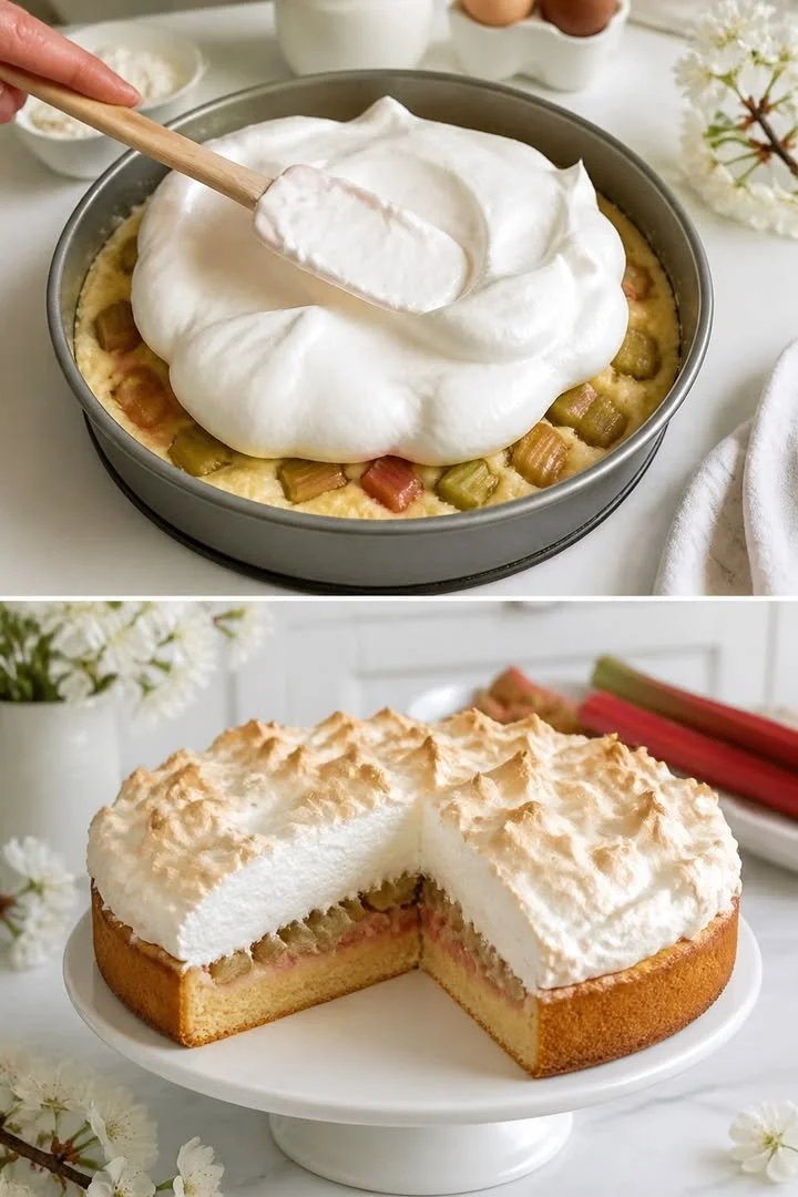 Rhabarberkuchen mit Baiserhaube auf einem Kuchenteller serviert
