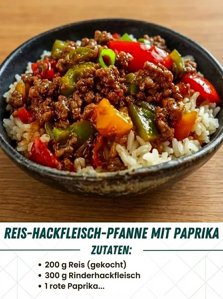 Pfanne mit Reis, Hackfleisch und Paprika auf einem Tisch serviert
