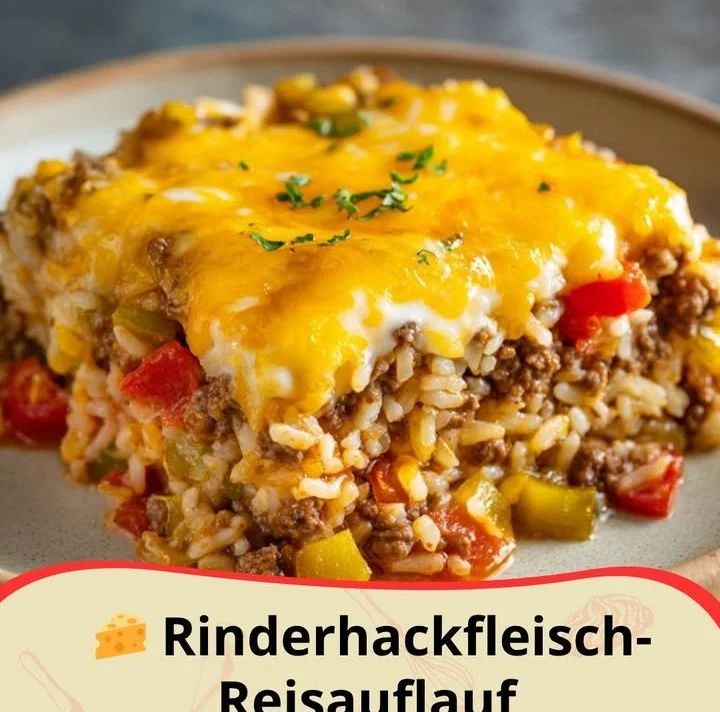Rinderhackfleisch-Reisauflauf auf einem Teller serviert