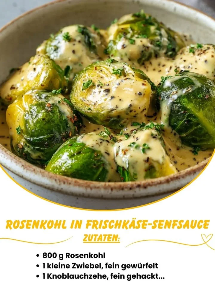 Rosenkohl in Frischkäse-Senfsauce serviert auf einem Teller