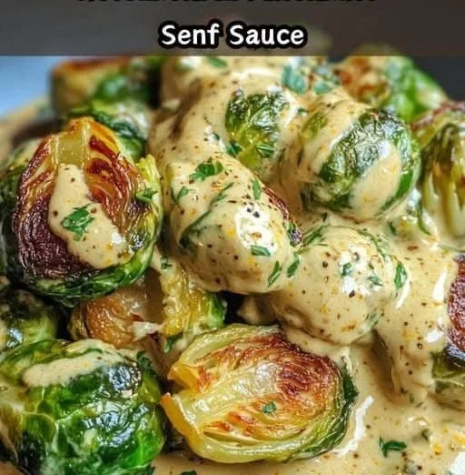 Rosenkohl in cremiger Frischkäse-Senfsauce serviert auf einem Teller.