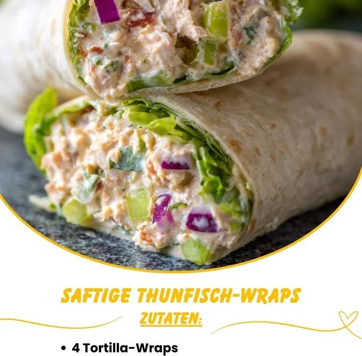 Saftige Thunfisch-Wraps mit frischen Zutaten auf einem Holzbrett