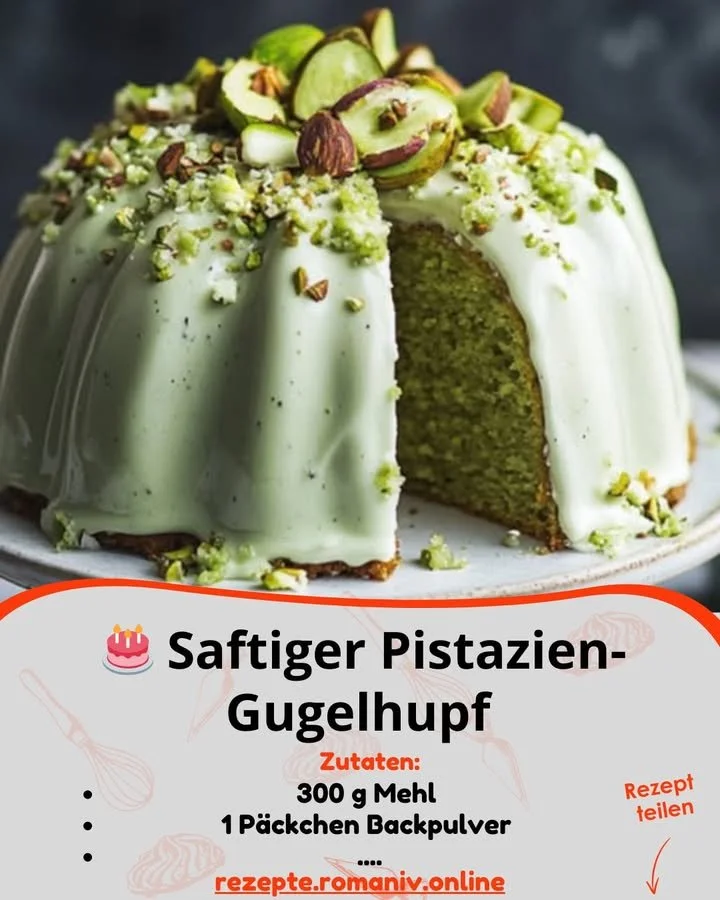 Ein saftiger Pistazien-Gugelhupf auf einem Teller, verziert mit Pistazienkernen.