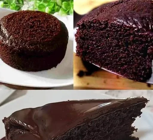 Saftiger Schokokuchen mit Schokoladenglasur und Beeren auf einem weißen Teller