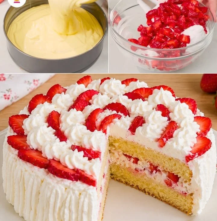 Eine köstliche Sahnetorte mit frischen Erdbeeren dekoriert.