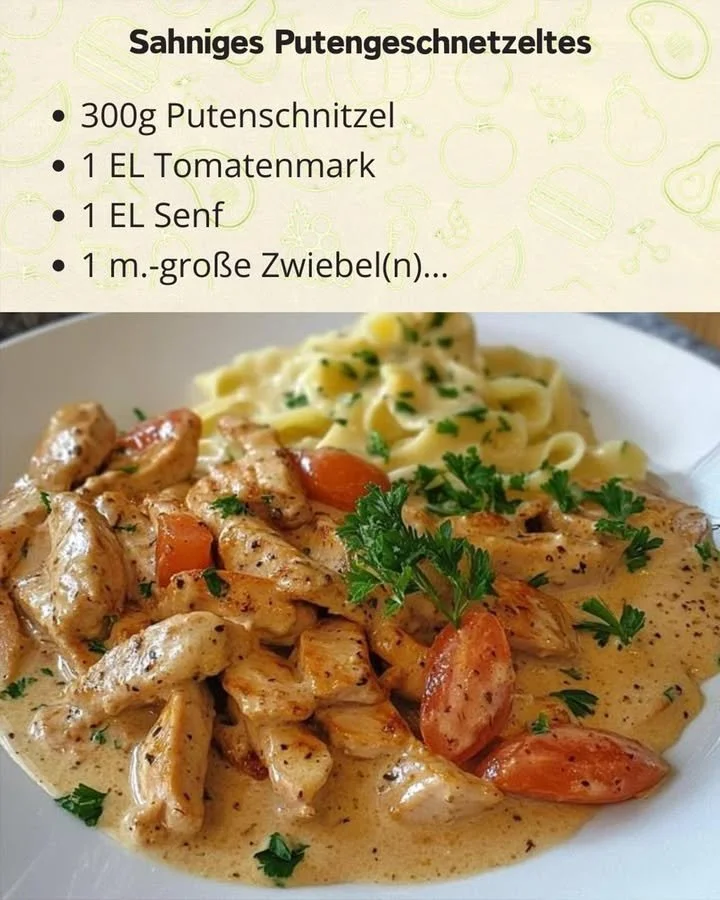 Sahniges Putengeschnetzeltes mit cremiger Sauce und frischem Gemüse
