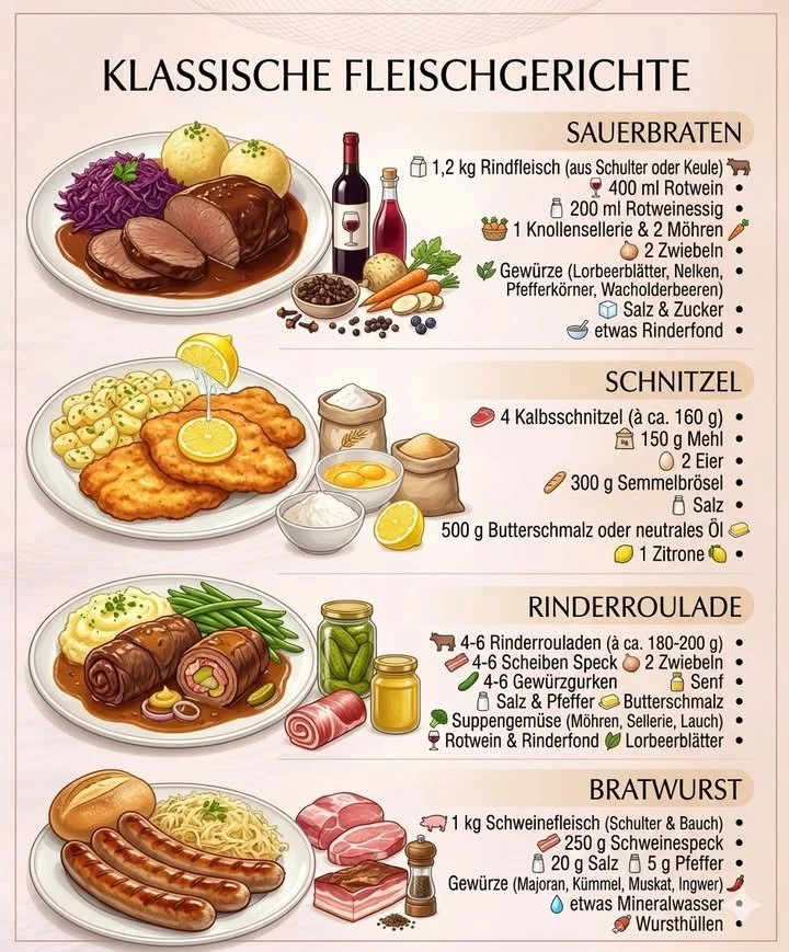 Ein köstlicher Sauerbraten, serviert mit Beilagen und Sauce auf einem Teller.