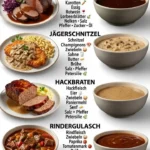Ein Teller Sauerbraten mit Beilagen wie Kartoffeln und Rotkohl.