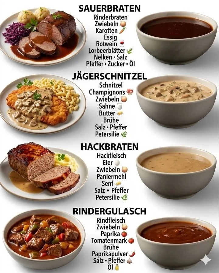 Ein Teller Sauerbraten mit Beilagen wie Kartoffeln und Rotkohl.