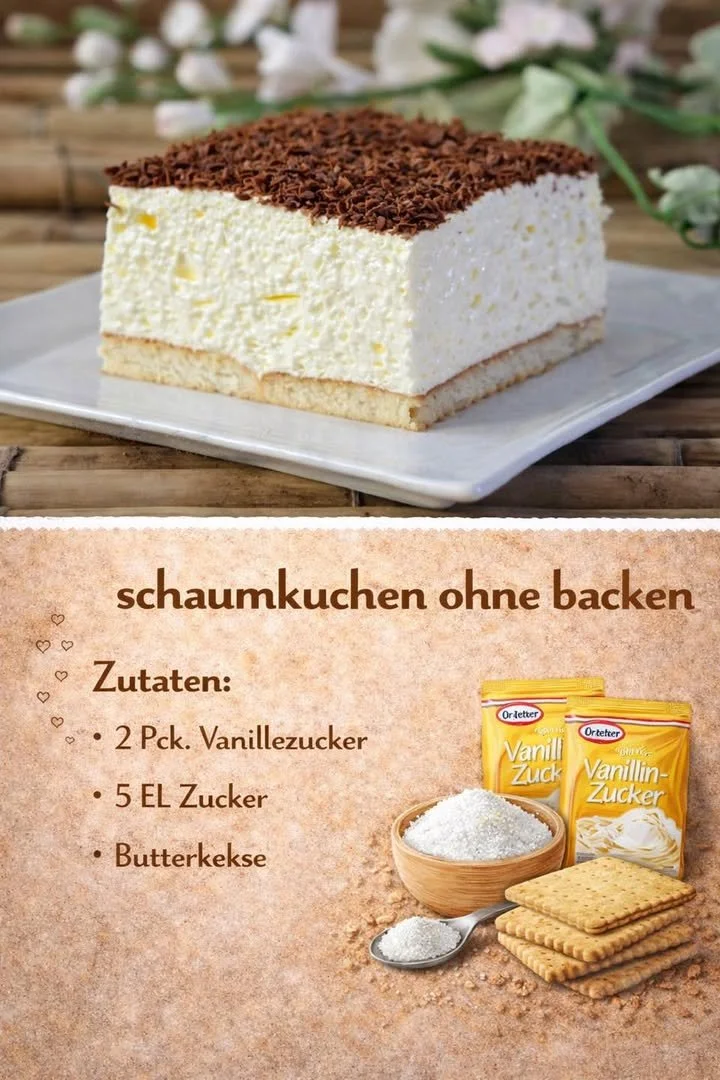 Leckerer Schaumkuchen serviert auf einem Teller mit frischen Früchten.