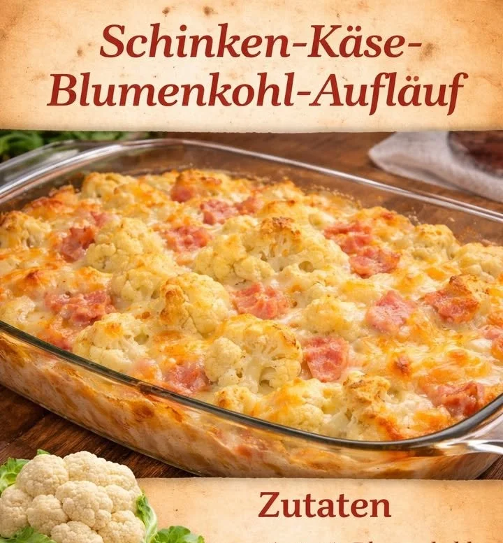 Schinken-Käse-Auflauf mit Blumenkohl auf einem Teller serviert