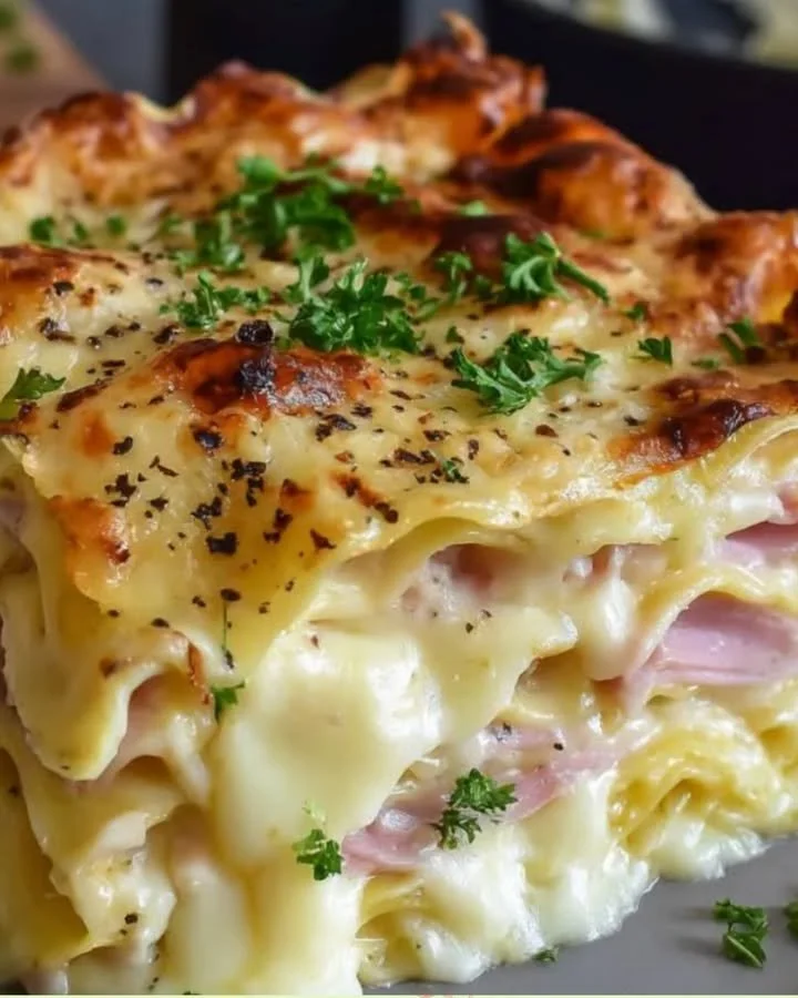 Schinken-Käse-Lasagne mit schmelzendem Käse und delikatem Schinken