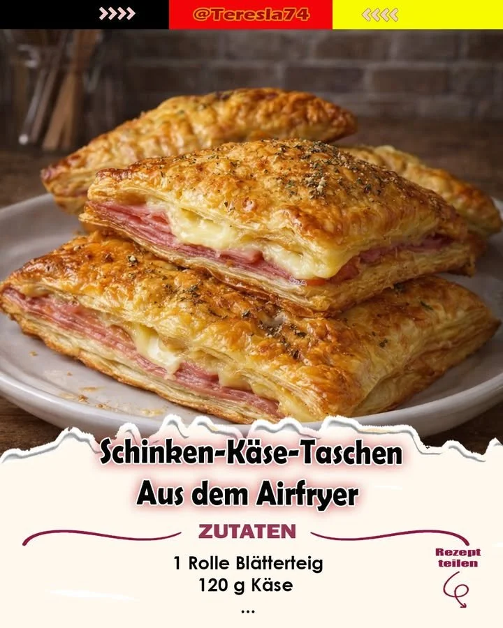 Köstliche Schinken-Käse-Taschen, frisch zubereitet im Airfryer.