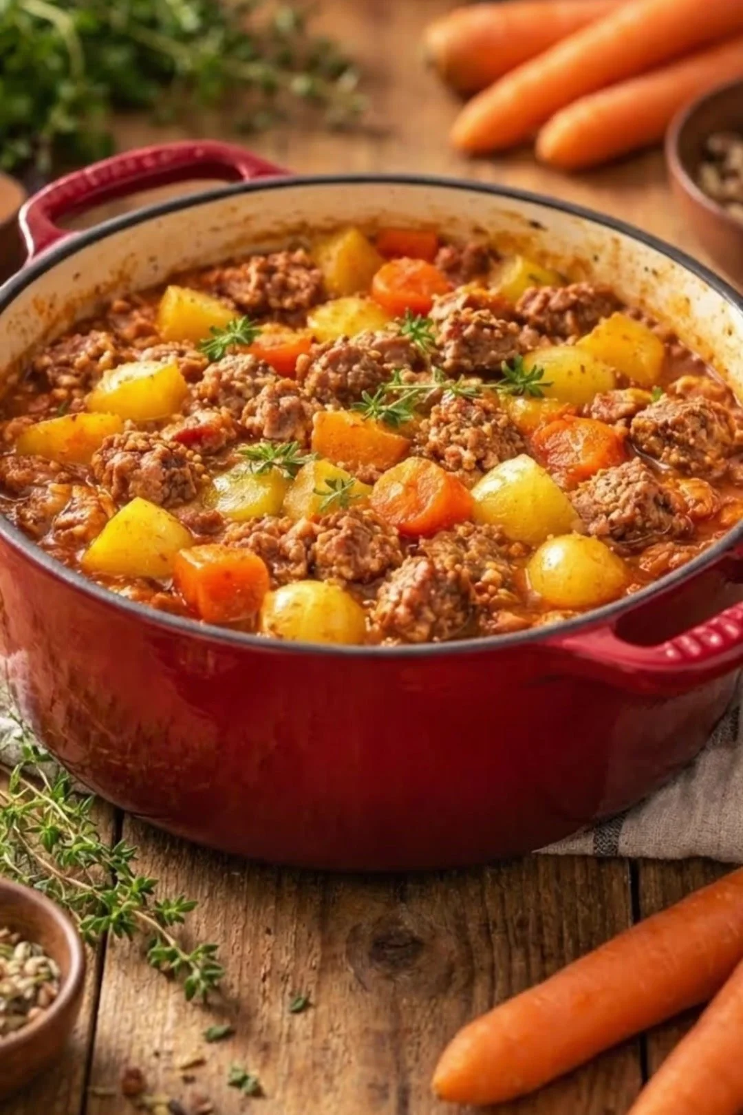 Schlemmertopf mit Hackfleisch und frischem Gemüse zubereitet.
