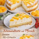 Leckere Schmandtorte mit Pfirsich auf einem schönen Dessertteller