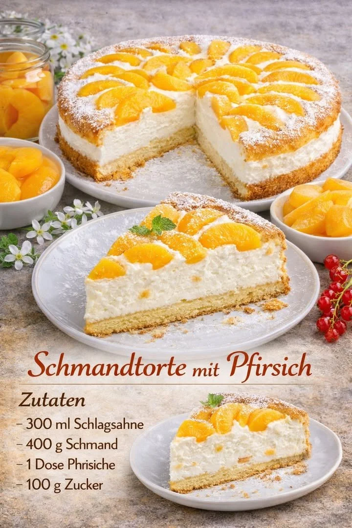 Leckere Schmandtorte mit Pfirsich auf einem schönen Dessertteller