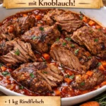 Schmorfleisch Gericht mit Gemüse und Soße, serviert auf einem Teller