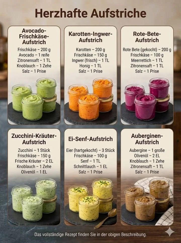 Schnelle und leckere Frischkäse-Aufstriche auf einem Tisch serviert.