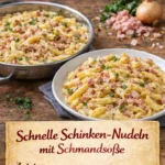 Schinken-Nudeln mit Schmandsoße auf einem Teller serviert.