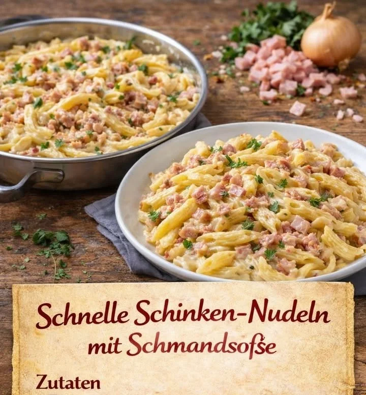 Schinken-Nudeln mit Schmandsoße auf einem Teller serviert.