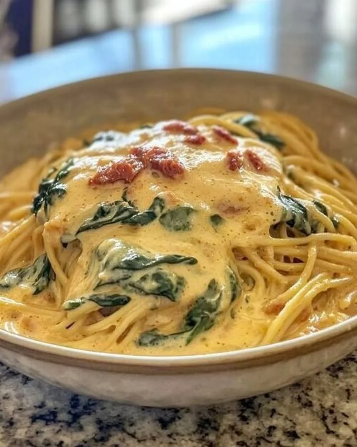 Schnelle Spaghetti mit Spinat und Frischkäse in einer Schüssel