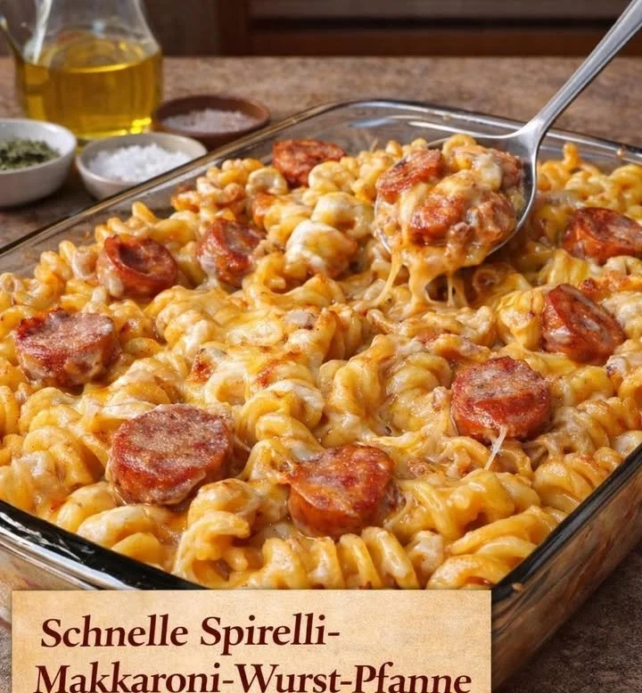 Schnelle Spirelli-Makkaroni-Wurst-Pfanne mit buntem Gemüse und Würstchen