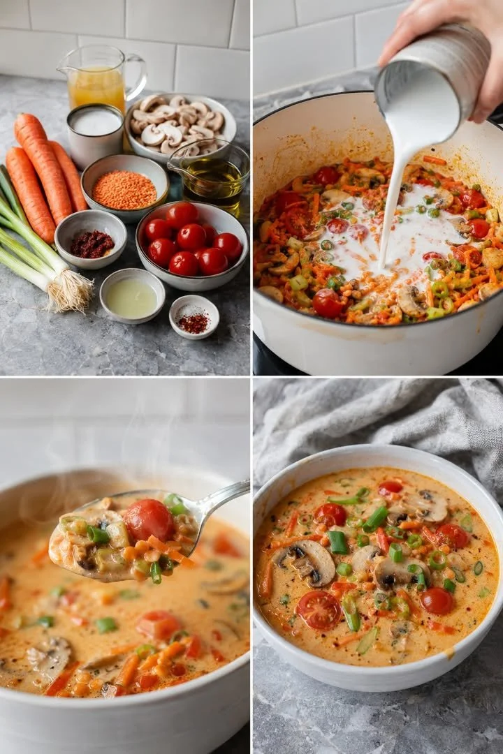 Schale mit schneller Thai-Currysuppe, serviert mit frischen Kräutern.