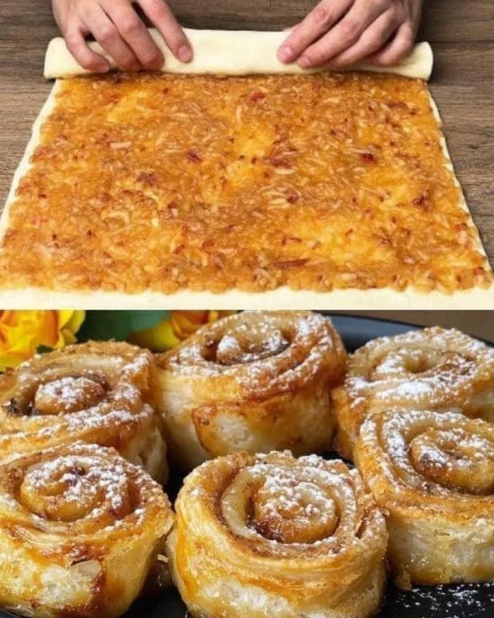 Schneller Apfelstrudel mit Äpfeln und Zimt auf einem Teller serviert.