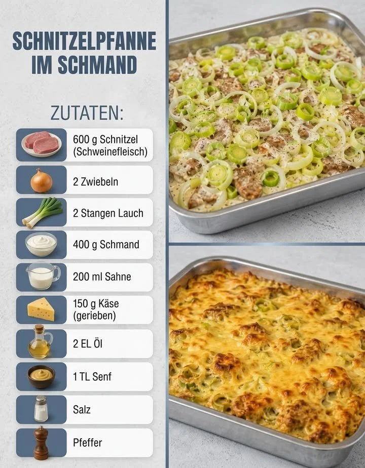 Schnitzelpfanne im Schmand mit zartem Fleisch und cremiger Sauce.